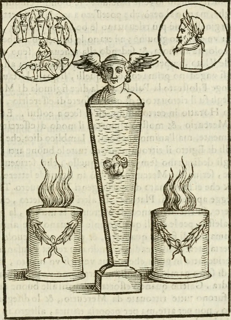 An illustration from Le vere e nove imagini de gli dei delli antichi di Vicenzo Cartari Reggiano. Ridotte da capo a piedi in questa nouissima impressione alle loro reali, & non piu per l'adietro osseruate simiglianze. Cauate da' marmi, bronzi, medaglie, gioie, & altre memorie antiche;, 1615, leaf 328