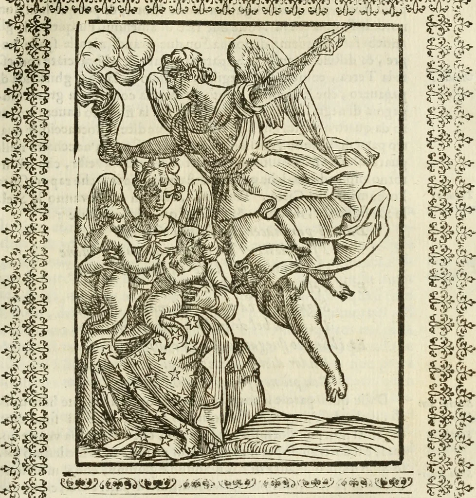 An illustration from Le vere e nove imagini de gli dei delli antichi di Vicenzo Cartari Reggiano. Ridotte da capo a piedi in questa nouissima impressione alle loro reali, & non piu per l'adietro osseruate simiglianze. Cauate da' marmi, bronzi, medaglie, gioie, & altre memorie antiche;, 1615, leaf 332