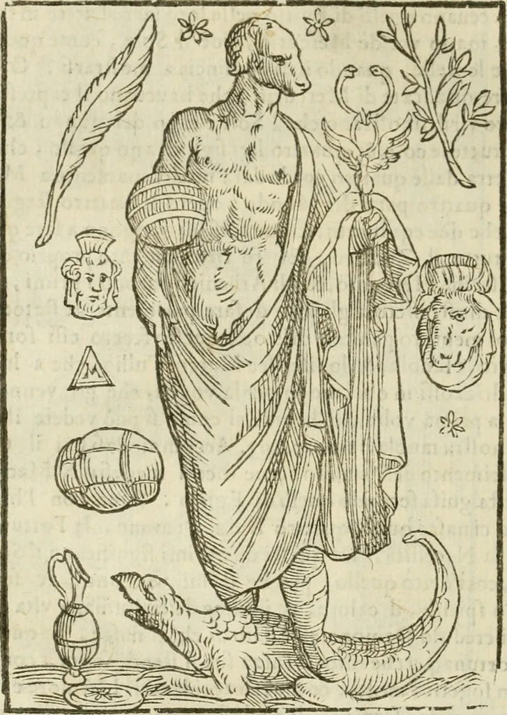An illustration from Le vere e nove imagini de gli dei delli antichi di Vicenzo Cartari Reggiano. Ridotte da capo a piedi in questa nouissima impressione alle loro reali, & non piu per l'adietro osseruate simiglianze. Cauate da' marmi, bronzi, medaglie, gioie, & altre memorie antiche;, 1615, leaf 339