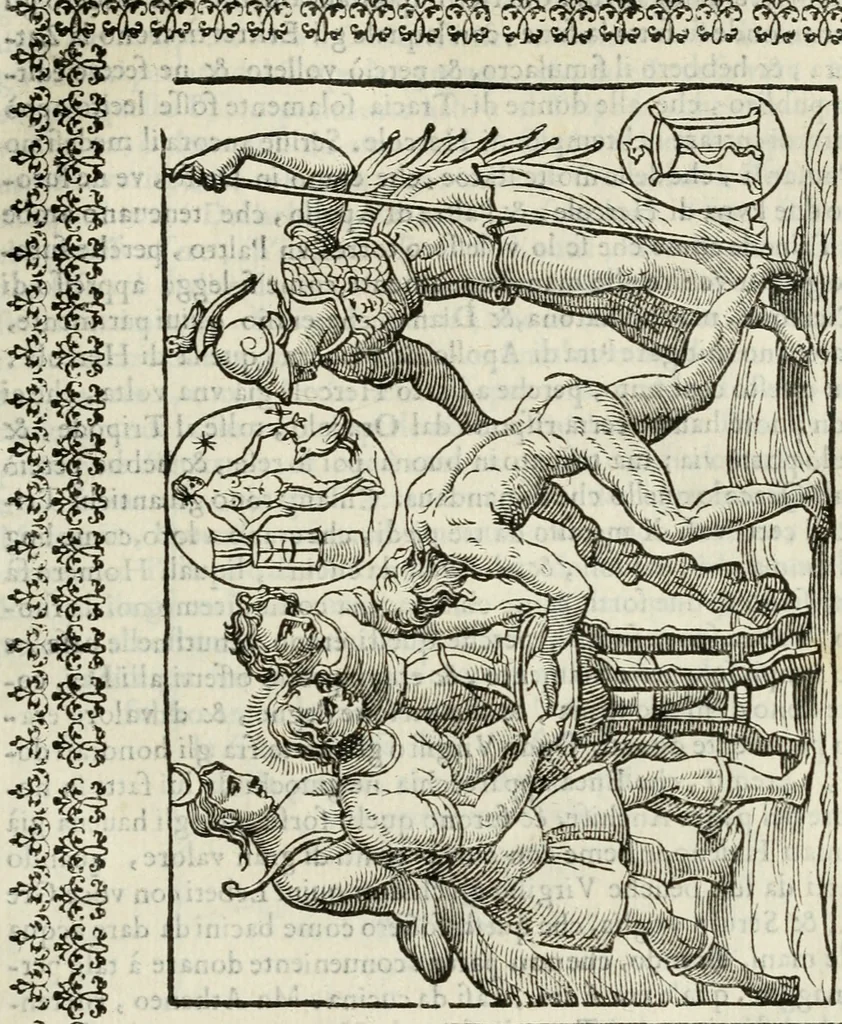 An illustration from Le vere e nove imagini de gli dei delli antichi di Vicenzo Cartari Reggiano. Ridotte da capo a piedi in questa nouissima impressione alle loro reali, & non piu per l'adietro osseruate simiglianze. Cauate da' marmi, bronzi, medaglie, gioie, & altre memorie antiche;, 1615, leaf 350