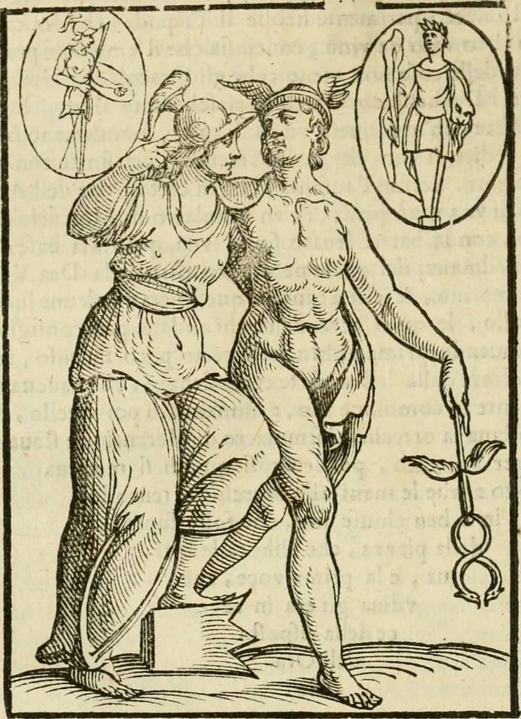 An illustration from Le vere e nove imagini de gli dei delli antichi di Vicenzo Cartari Reggiano. Ridotte da capo a piedi in questa nouissima impressione alle loro reali, & non piu per l'adietro osseruate simiglianze. Cauate da' marmi, bronzi, medaglie, gioie, & altre memorie antiche;, 1615, leaf 353