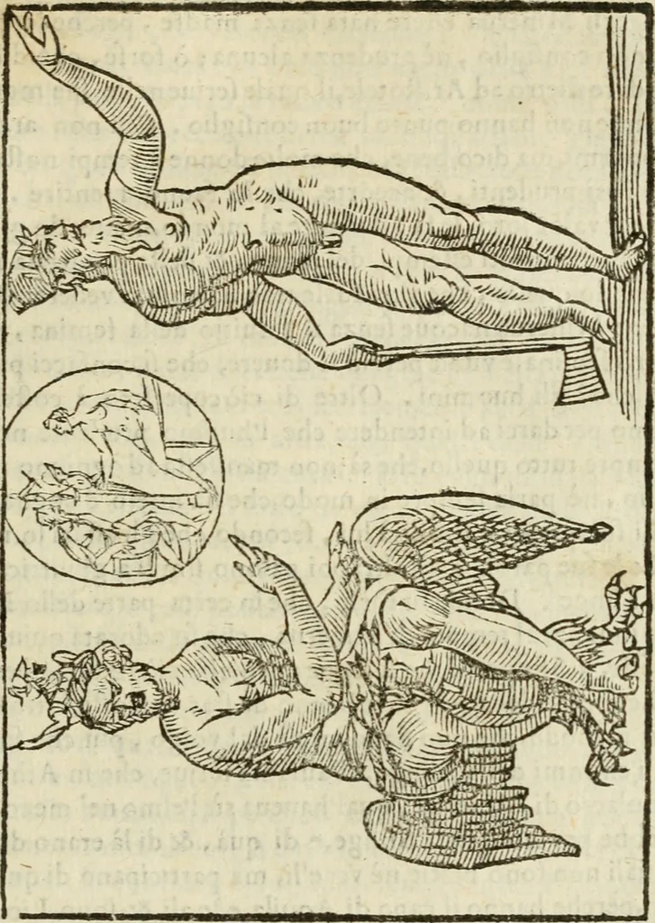 An illustration from Le vere e nove imagini de gli dei delli antichi di Vicenzo Cartari Reggiano. Ridotte da capo a piedi in questa nouissima impressione alle loro reali, & non piu per l'adietro osseruate simiglianze. Cauate da' marmi, bronzi, medaglie, gioie, & altre memorie antiche;, 1615, leaf 356