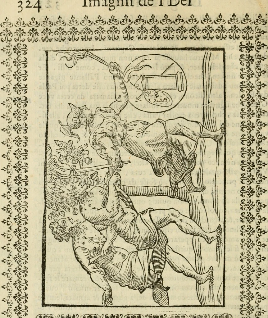 An illustration from Le vere e nove imagini de gli dei delli antichi di Vicenzo Cartari Reggiano. Ridotte da capo a piedi in questa nouissima impressione alle loro reali, & non piu per l'adietro osseruate simiglianze. Cauate da' marmi, bronzi, medaglie, gioie, & altre memorie antiche;, 1615, leaf 359