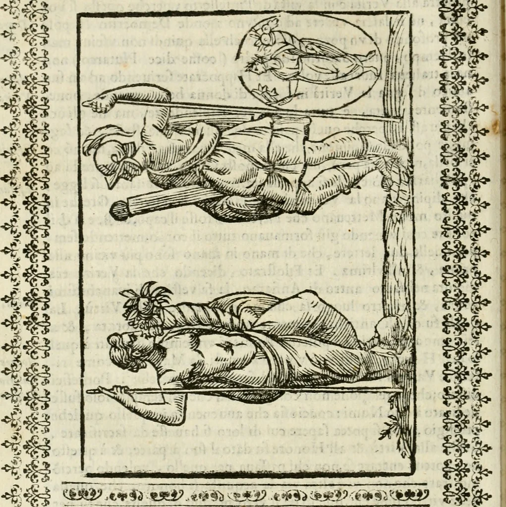 An illustration from Le vere e nove imagini de gli dei delli antichi di Vicenzo Cartari Reggiano. Ridotte da capo a piedi in questa nouissima impressione alle loro reali, & non piu per l'adietro osseruate simiglianze. Cauate da' marmi, bronzi, medaglie, gioie, & altre memorie antiche;, 1615, leaf 365