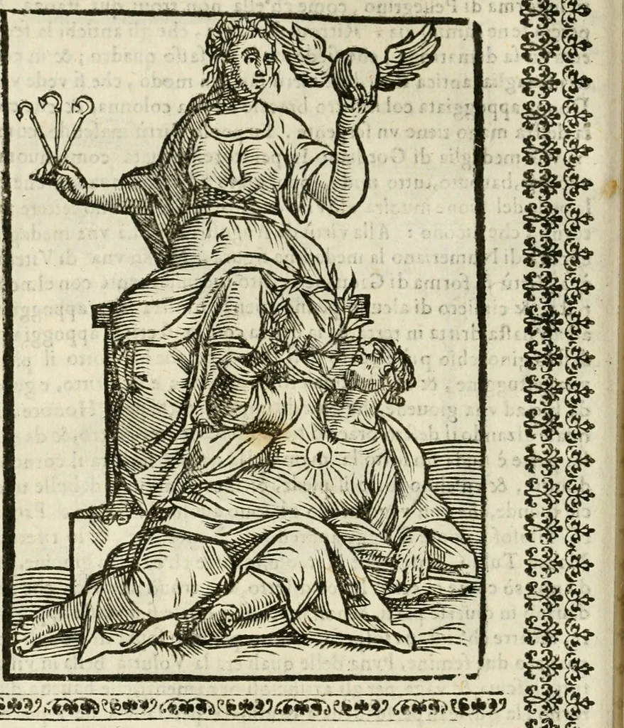 An illustration from Le vere e nove imagini de gli dei delli antichi di Vicenzo Cartari Reggiano. Ridotte da capo a piedi in questa nouissima impressione alle loro reali, & non piu per l'adietro osseruate simiglianze. Cauate da' marmi, bronzi, medaglie, gioie, & altre memorie antiche;, 1615, leaf 367