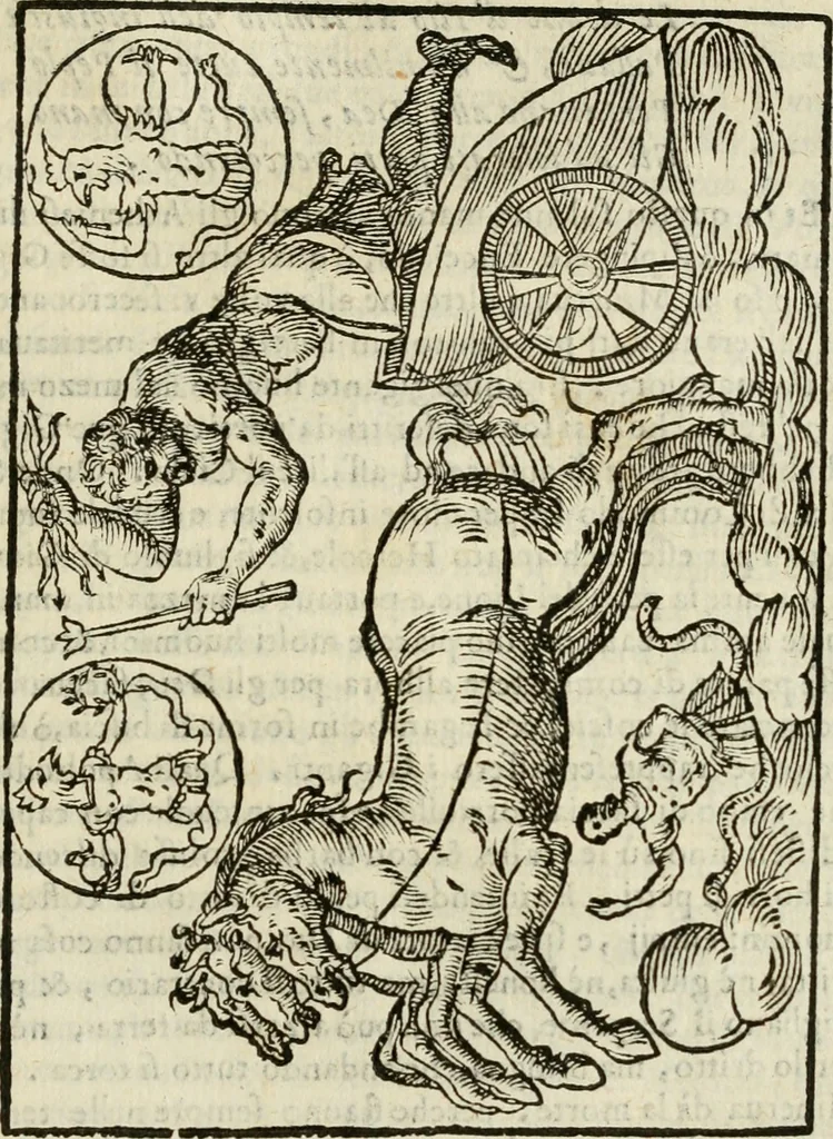 An illustration from Le vere e nove imagini de gli dei delli antichi di Vicenzo Cartari Reggiano. Ridotte da capo a piedi in questa nouissima impressione alle loro reali, & non piu per l'adietro osseruate simiglianze. Cauate da' marmi, bronzi, medaglie, gioie, & altre memorie antiche;, 1615, leaf 378