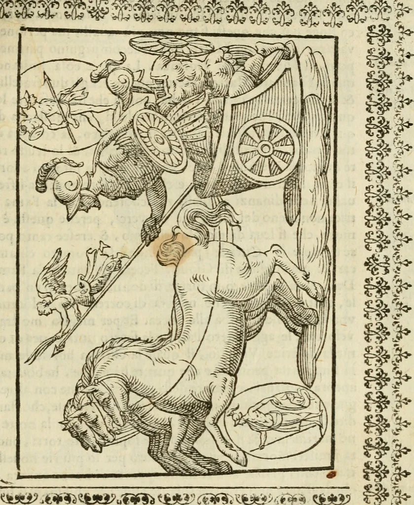 An illustration from Le vere e nove imagini de gli dei delli antichi di Vicenzo Cartari Reggiano. Ridotte da capo a piedi in questa nouissima impressione alle loro reali, & non piu per l'adietro osseruate simiglianze. Cauate da' marmi, bronzi, medaglie, gioie, & altre memorie antiche;, 1615, leaf 386