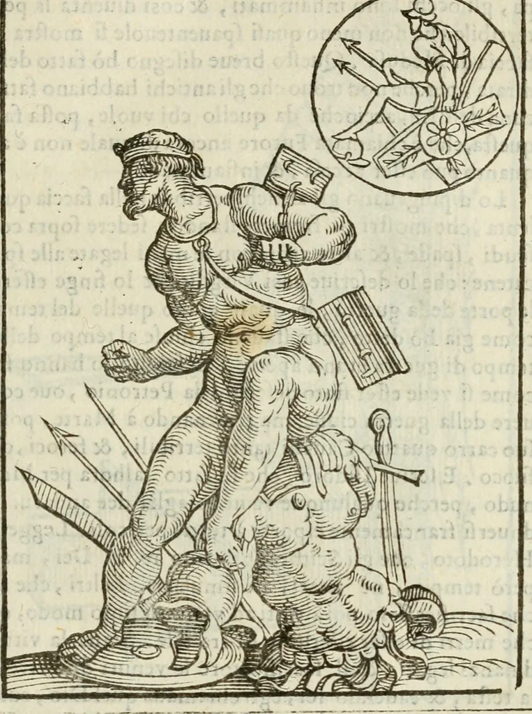An illustration from Le vere e nove imagini de gli dei delli antichi di Vicenzo Cartari Reggiano. Ridotte da capo a piedi in questa nouissima impressione alle loro reali, & non piu per l'adietro osseruate simiglianze. Cauate da' marmi, bronzi, medaglie, gioie, & altre memorie antiche;, 1615, leaf 388