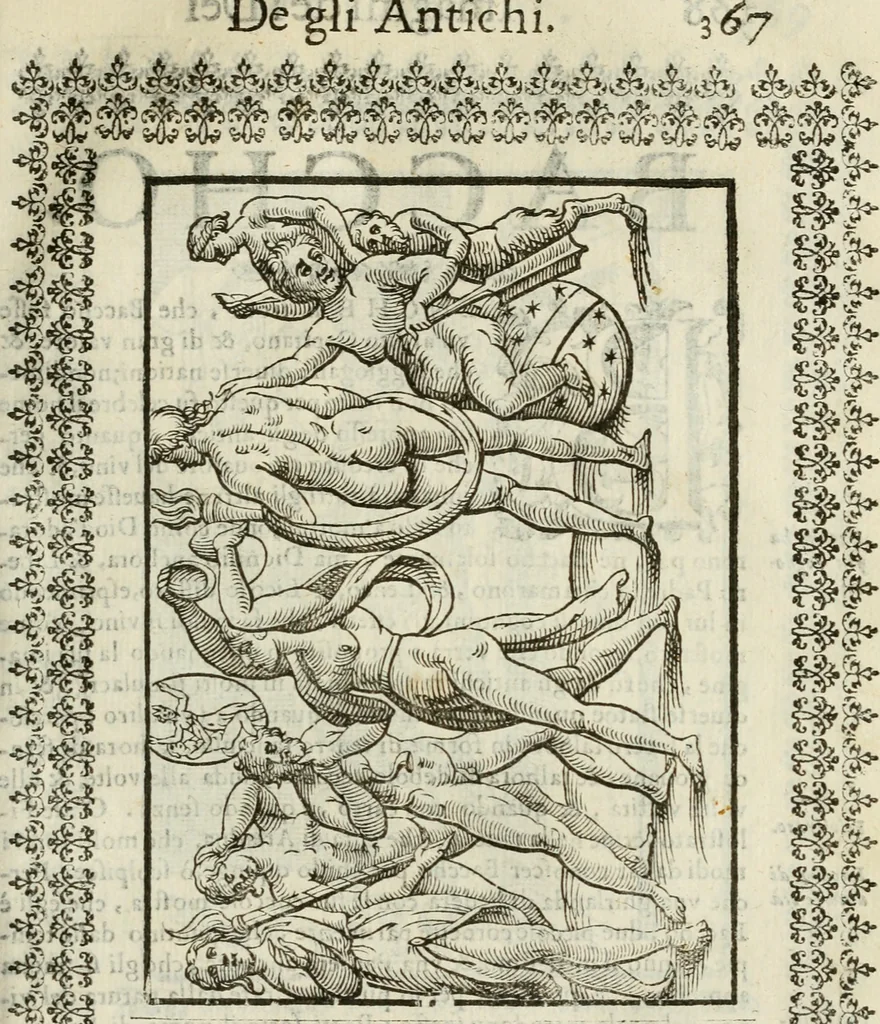 An illustration from Le vere e nove imagini de gli dei delli antichi di Vicenzo Cartari Reggiano. Ridotte da capo a piedi in questa nouissima impressione alle loro reali, & non piu per l'adietro osseruate simiglianze. Cauate da' marmi, bronzi, medaglie, gioie, & altre memorie antiche;, 1615, leaf 402