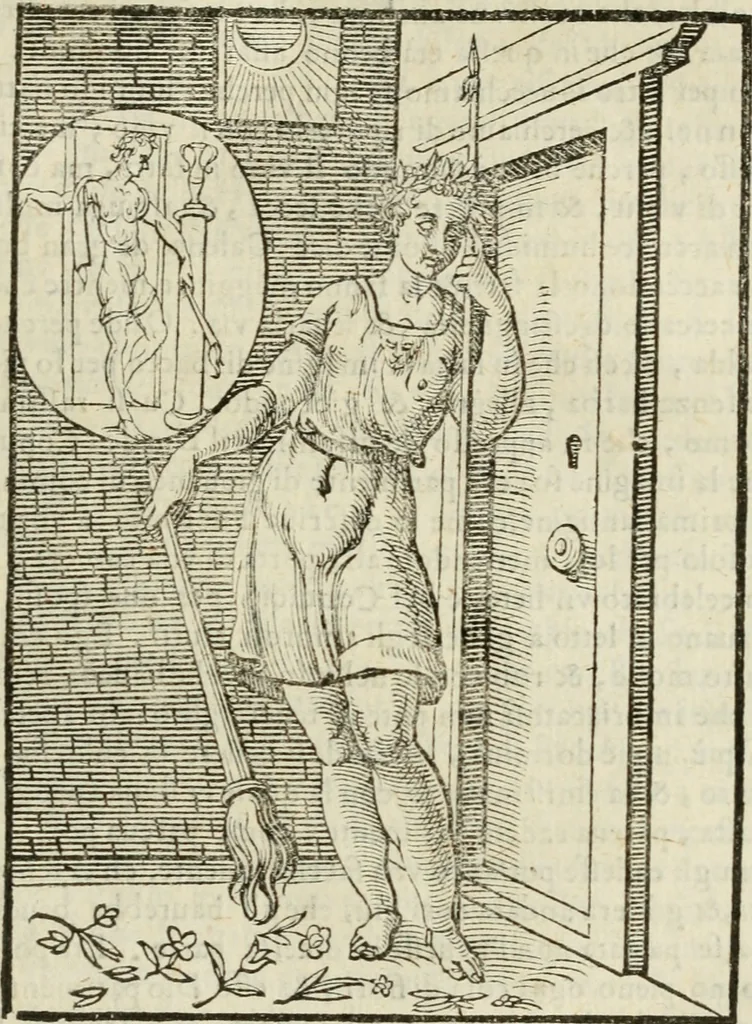 An illustration from Le vere e nove imagini de gli dei delli antichi di Vicenzo Cartari Reggiano. Ridotte da capo a piedi in questa nouissima impressione alle loro reali, & non piu per l'adietro osseruate simiglianze. Cauate da' marmi, bronzi, medaglie, gioie, & altre memorie antiche;, 1615, leaf 404