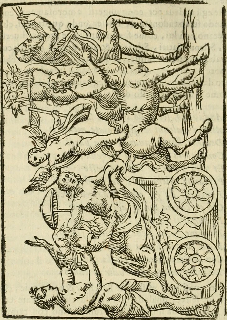 An illustration from Le vere e nove imagini de gli dei delli antichi di Vicenzo Cartari Reggiano. Ridotte da capo a piedi in questa nouissima impressione alle loro reali, & non piu per l'adietro osseruate simiglianze. Cauate da' marmi, bronzi, medaglie, gioie, & altre memorie antiche;, 1615, leaf 411