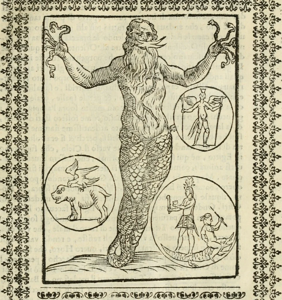 An illustration from Le vere e nove imagini de gli dei delli antichi di Vicenzo Cartari Reggiano. Ridotte da capo a piedi in questa nouissima impressione alle loro reali, & non piu per l'adietro osseruate simiglianze. Cauate da' marmi, bronzi, medaglie, gioie, & altre memorie antiche;, 1615, leaf 422