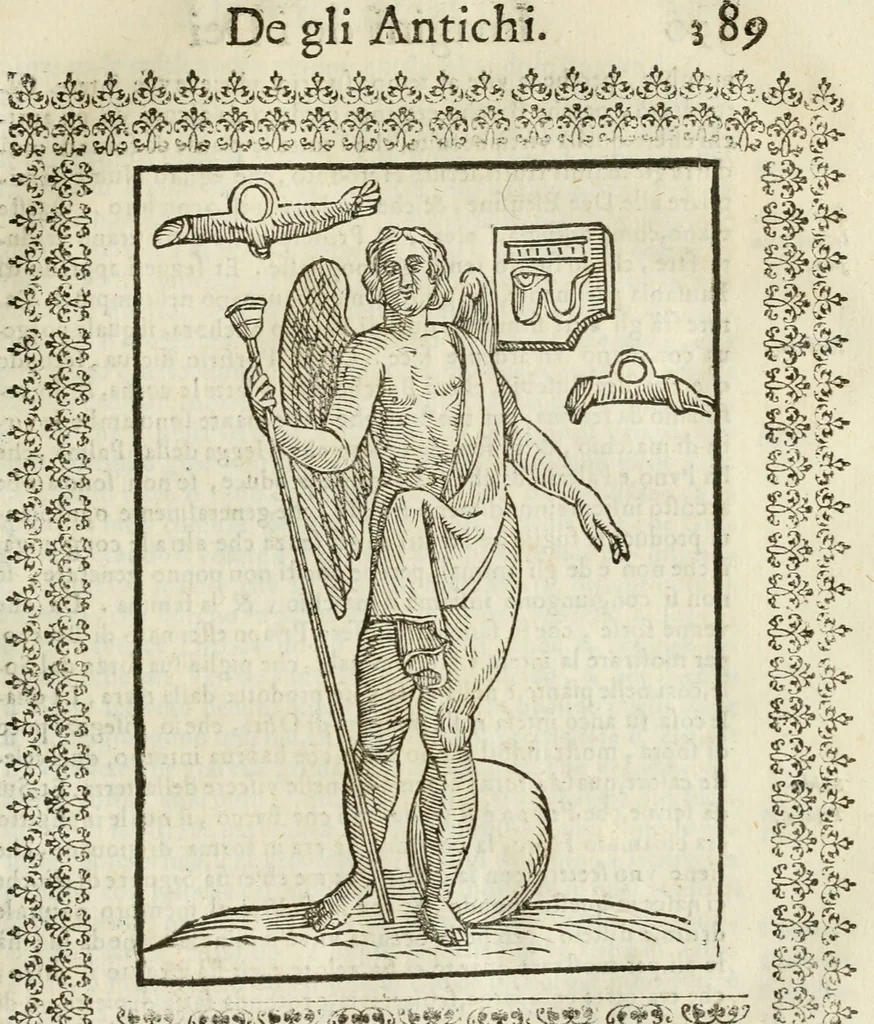 An illustration from Le vere e nove imagini de gli dei delli antichi di Vicenzo Cartari Reggiano. Ridotte da capo a piedi in questa nouissima impressione alle loro reali, & non piu per l'adietro osseruate simiglianze. Cauate da' marmi, bronzi, medaglie, gioie, & altre memorie antiche;, 1615, leaf 424