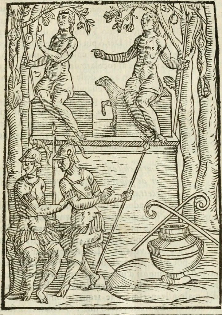 An illustration from Le vere e nove imagini de gli dei delli antichi di Vicenzo Cartari Reggiano. Ridotte da capo a piedi in questa nouissima impressione alle loro reali, & non piu per l'adietro osseruate simiglianze. Cauate da' marmi, bronzi, medaglie, gioie, & altre memorie antiche;, 1615, leaf 430