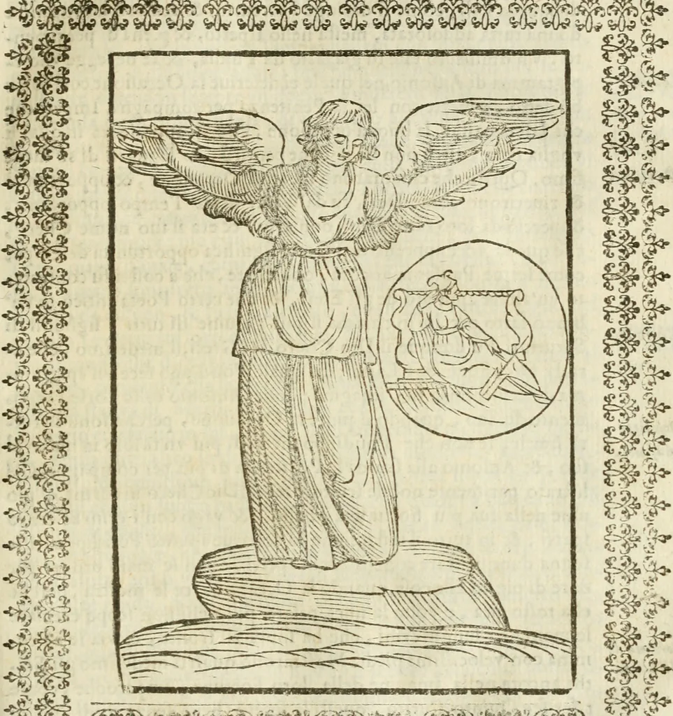 An illustration from Le vere e nove imagini de gli dei delli antichi di Vicenzo Cartari Reggiano. Ridotte da capo a piedi in questa nouissima impressione alle loro reali, & non piu per l'adietro osseruate simiglianze. Cauate da' marmi, bronzi, medaglie, gioie, & altre memorie antiche;, 1615, leaf 460