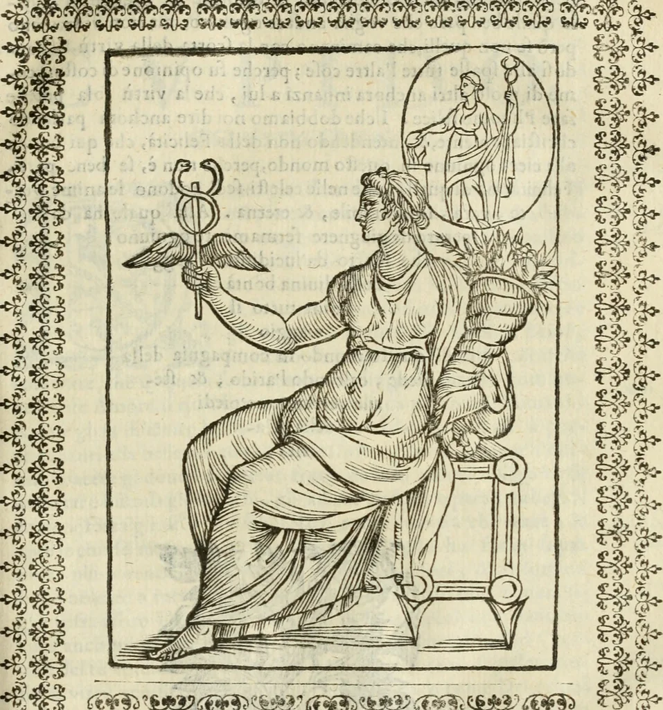 An illustration from Le vere e nove imagini de gli dei delli antichi di Vicenzo Cartari Reggiano. Ridotte da capo a piedi in questa nouissima impressione alle loro reali, & non piu per l'adietro osseruate simiglianze. Cauate da' marmi, bronzi, medaglie, gioie, & altre memorie antiche;, 1615, leaf 470