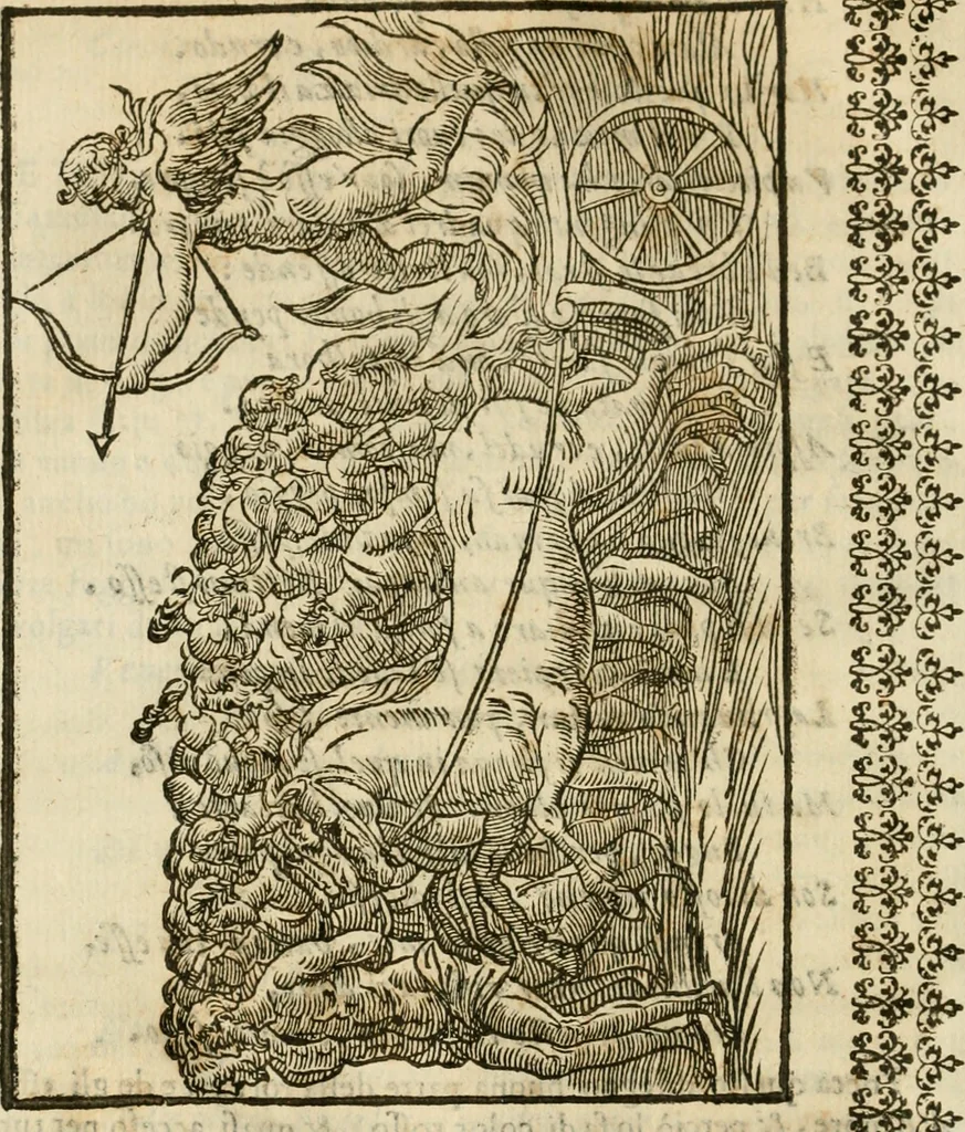 An illustration from Le vere e nove imagini de gli dei delli antichi di Vicenzo Cartari Reggiano. Ridotte da capo a piedi in questa nouissima impressione alle loro reali, & non piu per l'adietro osseruate simiglianze. Cauate da' marmi, bronzi, medaglie, gioie, & altre memorie antiche;, 1615, leaf 487