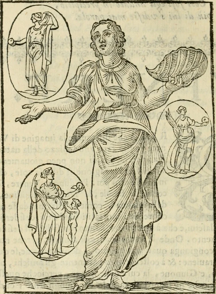 An illustration from Le vere e nove imagini de gli dei delli antichi di Vicenzo Cartari Reggiano. Ridotte da capo a piedi in questa nouissima impressione alle loro reali, & non piu per l'adietro osseruate simiglianze. Cauate da' marmi, bronzi, medaglie, gioie, & altre memorie antiche;, 1615, leaf 503