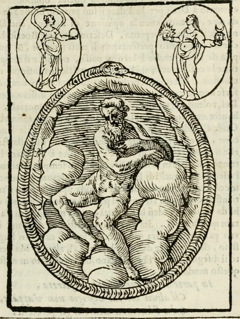 An illustration from Le vere e nove imagini de gli dei delli antichi di Vicenzo Cartari Reggiano. Ridotte da capo a piedi in questa nouissima impressione alle loro reali, & non piu per l'adietro osseruate simiglianze. Cauate da' marmi, bronzi, medaglie, gioie, & altre memorie antiche;, 1615, leaf 52