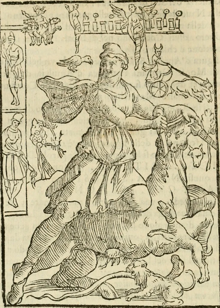 An illustration from Le vere e nove imagini de gli dei delli antichi di Vicenzo Cartari Reggiano. Ridotte da capo a piedi in questa nouissima impressione alle loro reali, & non piu per l'adietro osseruate simiglianze. Cauate da' marmi, bronzi, medaglie, gioie, & altre memorie antiche;, 1615, leaf 541