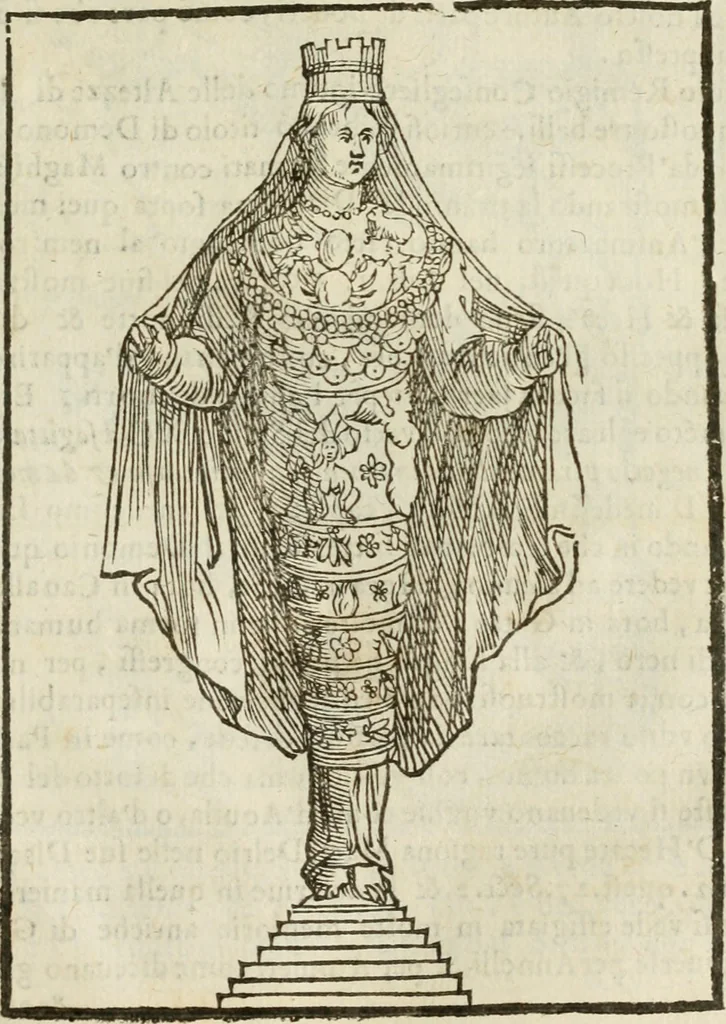 An illustration from Le vere e nove imagini de gli dei delli antichi di Vicenzo Cartari Reggiano. Ridotte da capo a piedi in questa nouissima impressione alle loro reali, & non piu per l'adietro osseruate simiglianze. Cauate da' marmi, bronzi, medaglie, gioie, & altre memorie antiche;, 1615, leaf 546