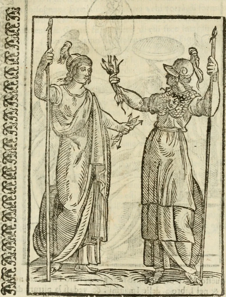 An illustration from Le vere e nove imagini de gli dei delli antichi di Vicenzo Cartari Reggiano. Ridotte da capo a piedi in questa nouissima impressione alle loro reali, & non piu per l'adietro osseruate simiglianze. Cauate da' marmi, bronzi, medaglie, gioie, & altre memorie antiche;, 1615, leaf 554