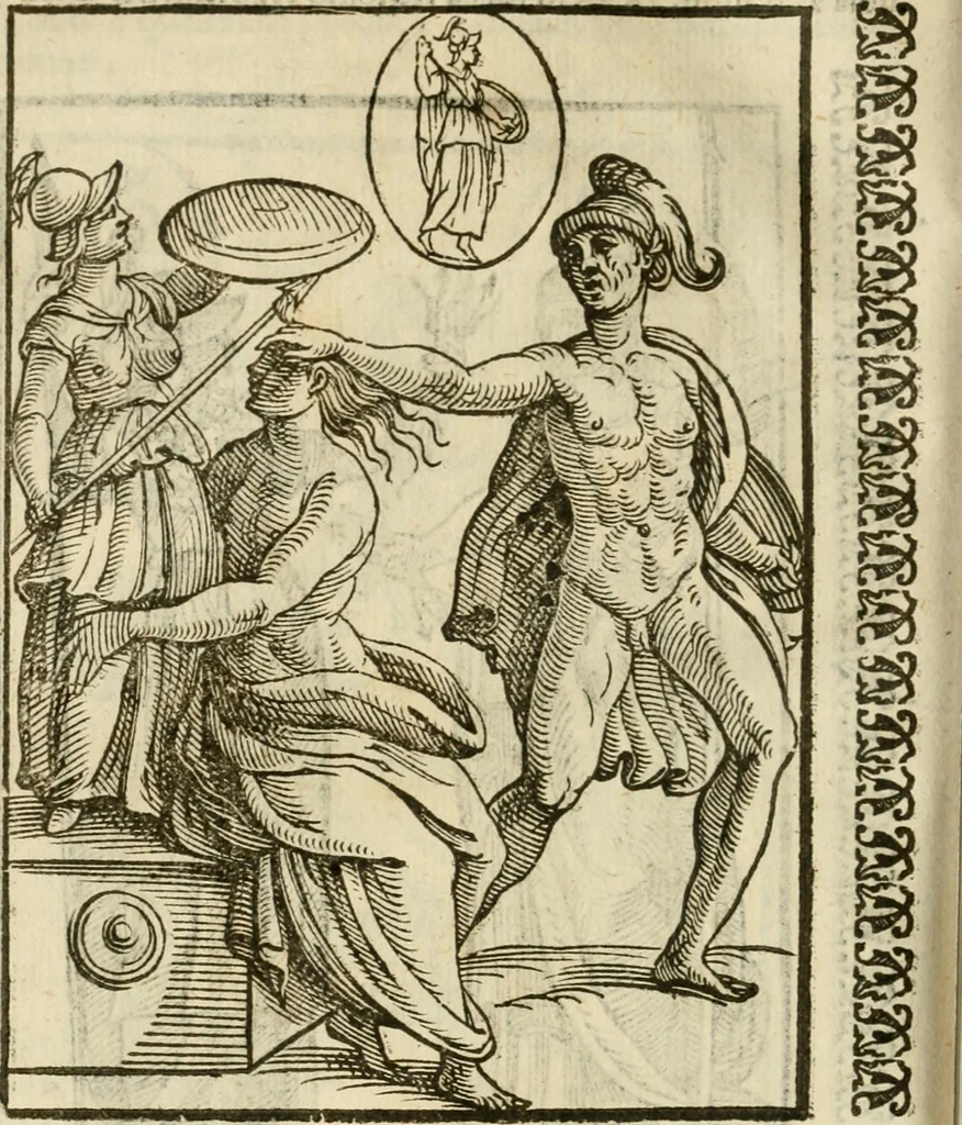 An illustration from Le vere e nove imagini de gli dei delli antichi di Vicenzo Cartari Reggiano. Ridotte da capo a piedi in questa nouissima impressione alle loro reali, & non piu per l'adietro osseruate simiglianze. Cauate da' marmi, bronzi, medaglie, gioie, & altre memorie antiche;, 1615, leaf 555