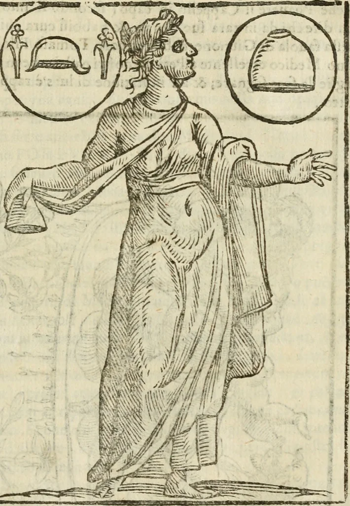 An illustration from Le vere e nove imagini de gli dei delli antichi di Vicenzo Cartari Reggiano. Ridotte da capo a piedi in questa nouissima impressione alle loro reali, & non piu per l'adietro osseruate simiglianze. Cauate da' marmi, bronzi, medaglie, gioie, & altre memorie antiche;, 1615, leaf 558