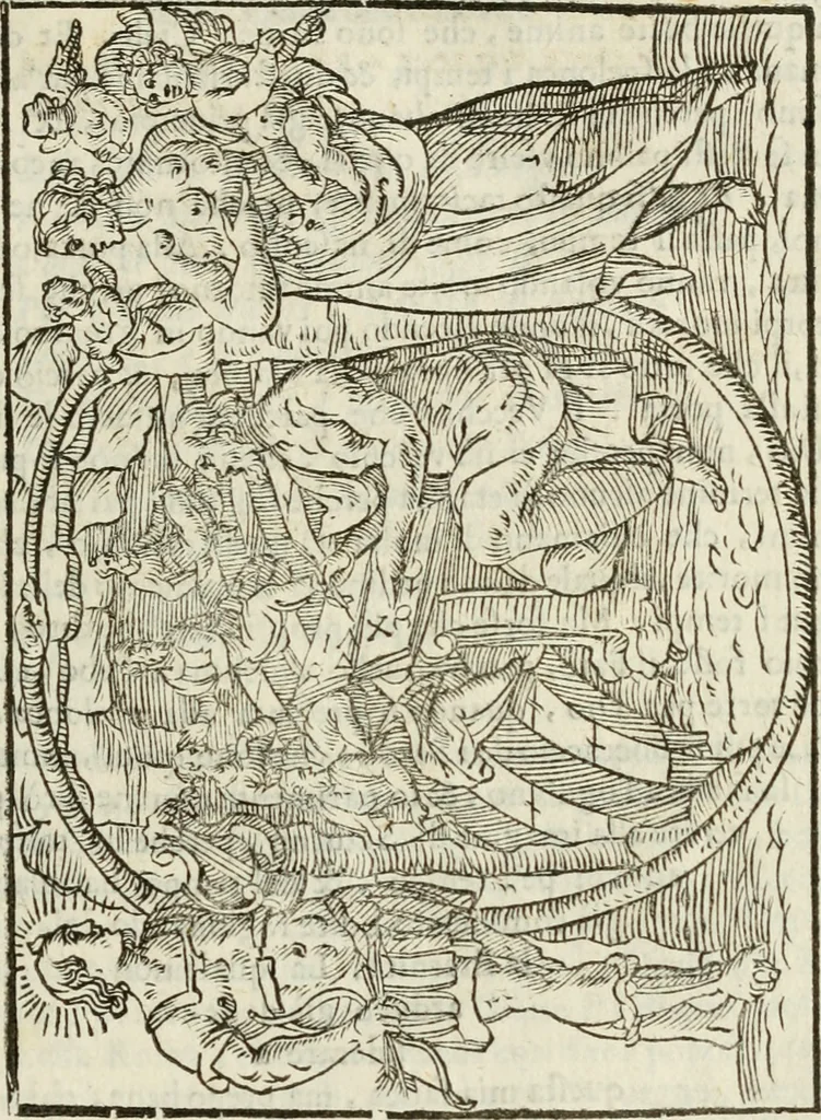 An illustration from Le vere e nove imagini de gli dei delli antichi di Vicenzo Cartari Reggiano. Ridotte da capo a piedi in questa nouissima impressione alle loro reali, & non piu per l'adietro osseruate simiglianze. Cauate da' marmi, bronzi, medaglie, gioie, & altre memorie antiche;, 1615, leaf 56