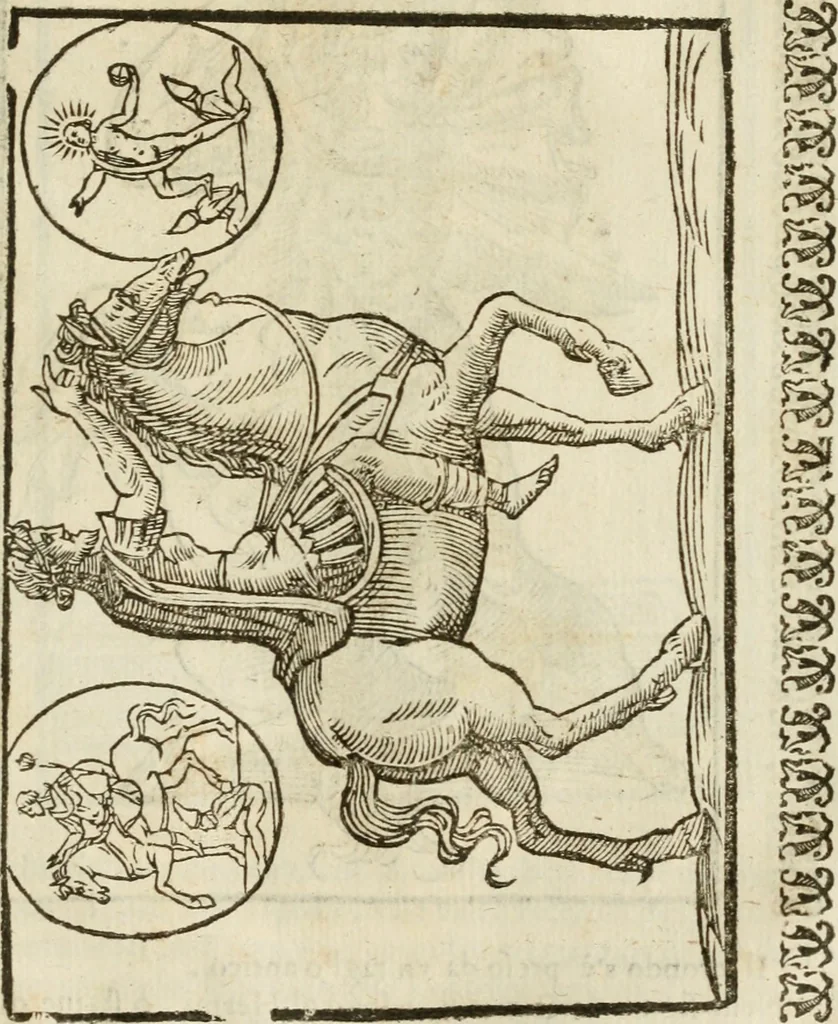 An illustration from Le vere e nove imagini de gli dei delli antichi di Vicenzo Cartari Reggiano. Ridotte da capo a piedi in questa nouissima impressione alle loro reali, & non piu per l'adietro osseruate simiglianze. Cauate da' marmi, bronzi, medaglie, gioie, & altre memorie antiche;, 1615, leaf 576