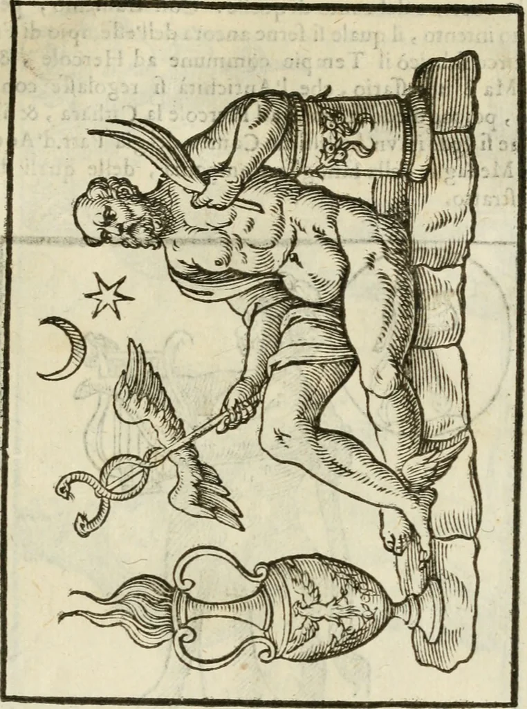 An illustration from Le vere e nove imagini de gli dei delli antichi di Vicenzo Cartari Reggiano. Ridotte da capo a piedi in questa nouissima impressione alle loro reali, & non piu per l'adietro osseruate simiglianze. Cauate da' marmi, bronzi, medaglie, gioie, & altre memorie antiche;, 1615, leaf 580