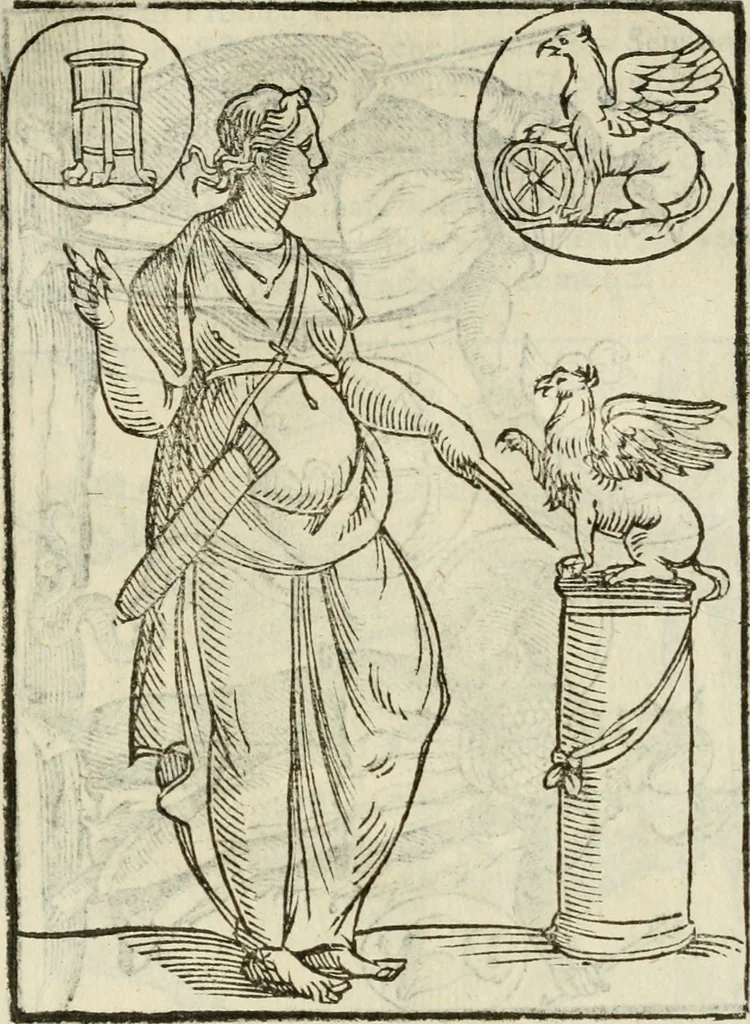 An illustration from Le vere e nove imagini de gli dei delli antichi di Vicenzo Cartari Reggiano. Ridotte da capo a piedi in questa nouissima impressione alle loro reali, & non piu per l'adietro osseruate simiglianze. Cauate da' marmi, bronzi, medaglie, gioie, & altre memorie antiche;, 1615, leaf 586