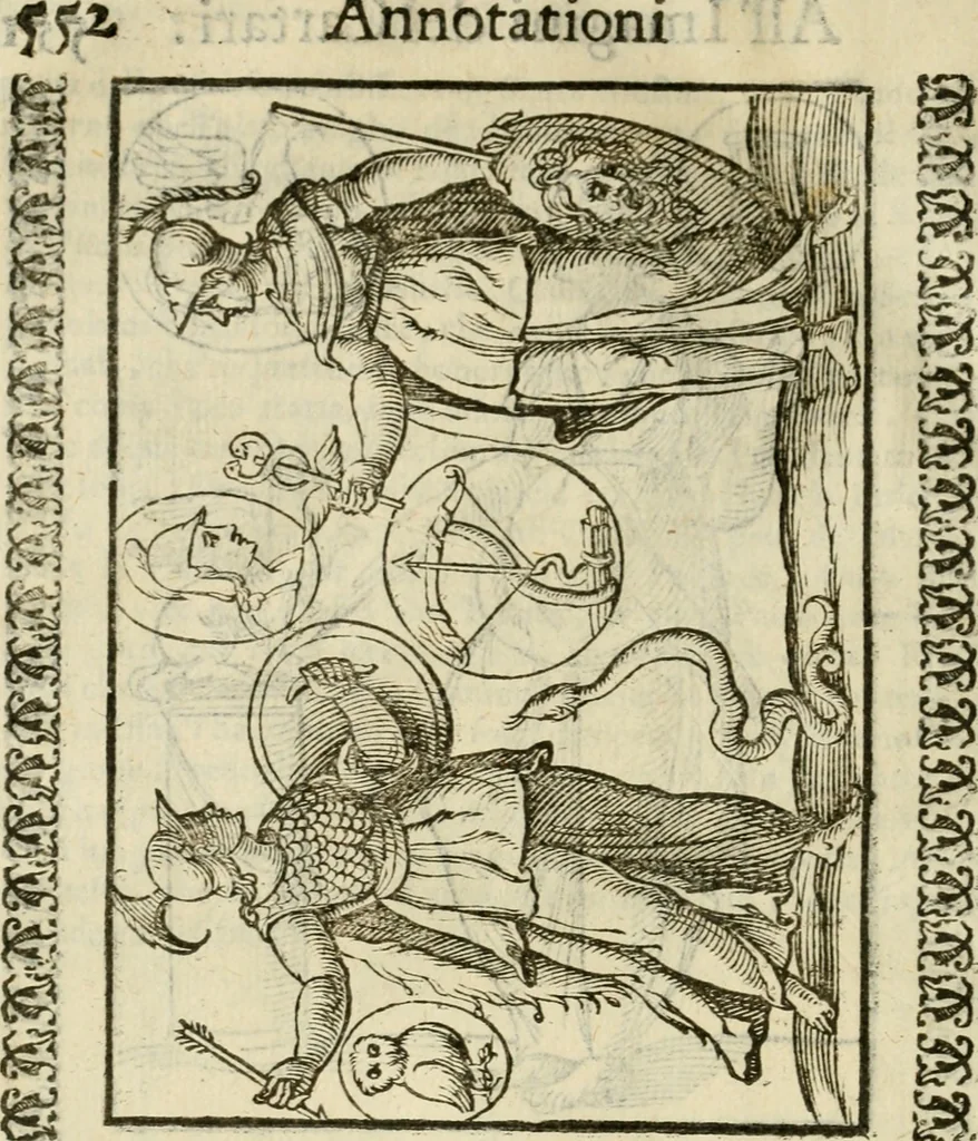 An illustration from Le vere e nove imagini de gli dei delli antichi di Vicenzo Cartari Reggiano. Ridotte da capo a piedi in questa nouissima impressione alle loro reali, & non piu per l'adietro osseruate simiglianze. Cauate da' marmi, bronzi, medaglie, gioie, & altre memorie antiche;, 1615, leaf 587