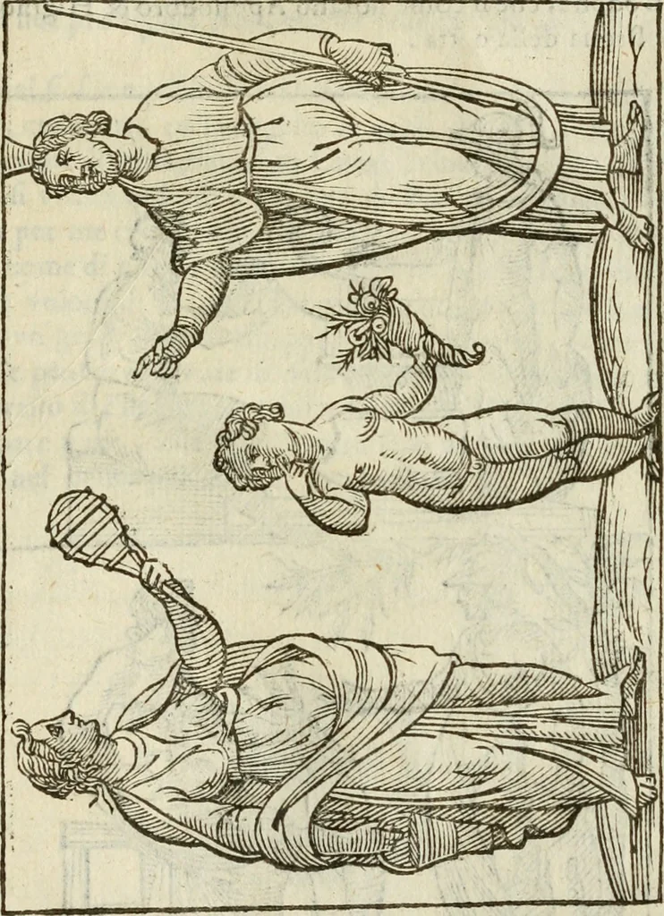 An illustration from Le vere e nove imagini de gli dei delli antichi di Vicenzo Cartari Reggiano. Ridotte da capo a piedi in questa nouissima impressione alle loro reali, & non piu per l'adietro osseruate simiglianze. Cauate da' marmi, bronzi, medaglie, gioie, & altre memorie antiche;, 1615, leaf 588