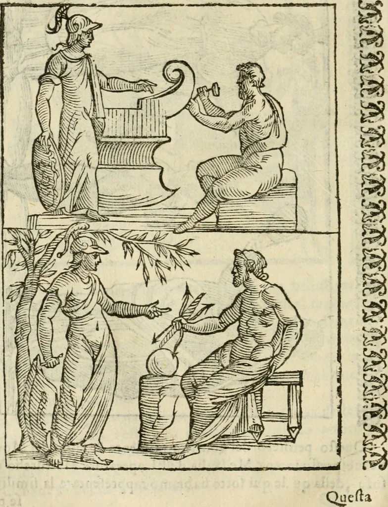 An illustration from Le vere e nove imagini de gli dei delli antichi di Vicenzo Cartari Reggiano. Ridotte da capo a piedi in questa nouissima impressione alle loro reali, & non piu per l'adietro osseruate simiglianze. Cauate da' marmi, bronzi, medaglie, gioie, & altre memorie antiche;, 1615, leaf 589