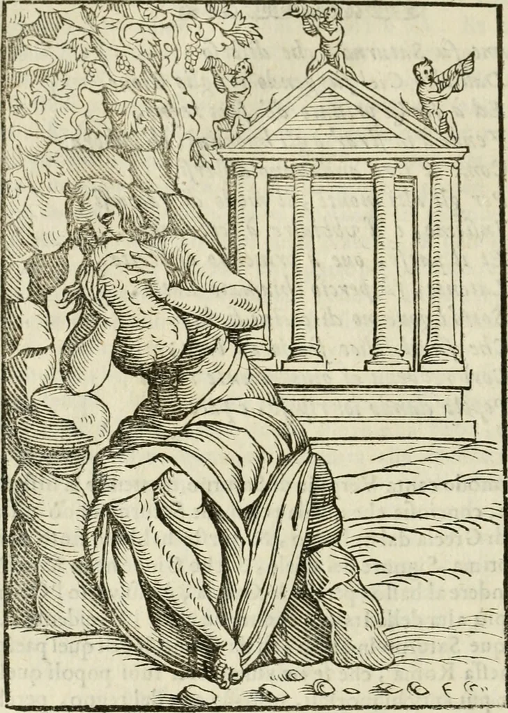 An illustration from Le vere e nove imagini de gli dei delli antichi di Vicenzo Cartari Reggiano. Ridotte da capo a piedi in questa nouissima impressione alle loro reali, & non piu per l'adietro osseruate simiglianze. Cauate da' marmi, bronzi, medaglie, gioie, & altre memorie antiche;, 1615, leaf 59