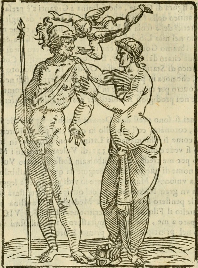 An illustration from Le vere e nove imagini de gli dei delli antichi di Vicenzo Cartari Reggiano. Ridotte da capo a piedi in questa nouissima impressione alle loro reali, & non piu per l'adietro osseruate simiglianze. Cauate da' marmi, bronzi, medaglie, gioie, & altre memorie antiche;, 1615, leaf 591