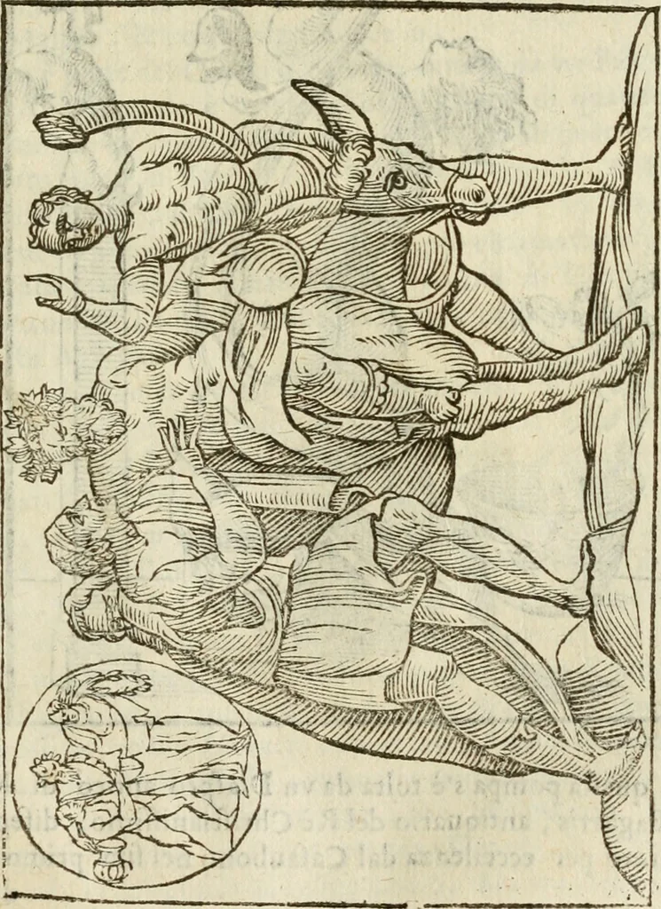 An illustration from Le vere e nove imagini de gli dei delli antichi di Vicenzo Cartari Reggiano. Ridotte da capo a piedi in questa nouissima impressione alle loro reali, & non piu per l'adietro osseruate simiglianze. Cauate da' marmi, bronzi, medaglie, gioie, & altre memorie antiche;, 1615, leaf 594