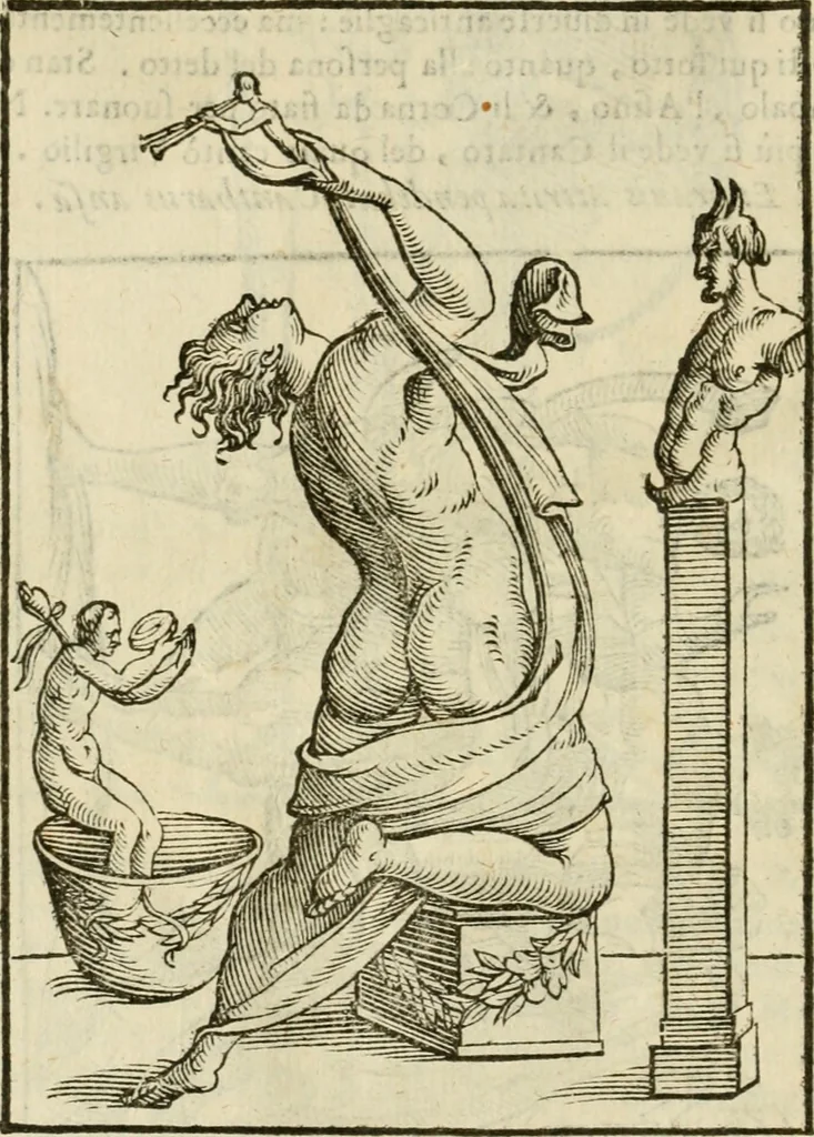 An illustration from Le vere e nove imagini de gli dei delli antichi di Vicenzo Cartari Reggiano. Ridotte da capo a piedi in questa nouissima impressione alle loro reali, & non piu per l'adietro osseruate simiglianze. Cauate da' marmi, bronzi, medaglie, gioie, & altre memorie antiche;, 1615, leaf 595
