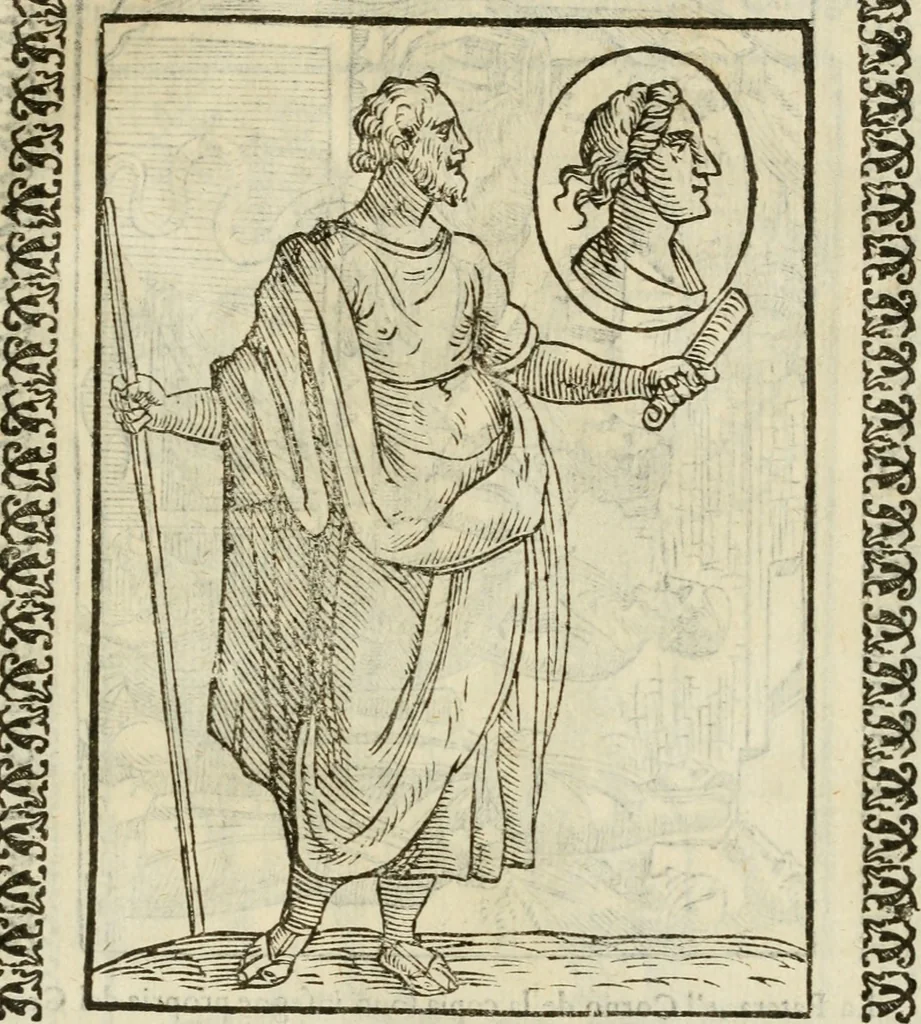 An illustration from Le vere e nove imagini de gli dei delli antichi di Vicenzo Cartari Reggiano. Ridotte da capo a piedi in questa nouissima impressione alle loro reali, & non piu per l'adietro osseruate simiglianze. Cauate da' marmi, bronzi, medaglie, gioie, & altre memorie antiche;, 1615, leaf 598