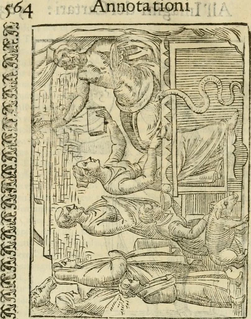 An illustration from Le vere e nove imagini de gli dei delli antichi di Vicenzo Cartari Reggiano. Ridotte da capo a piedi in questa nouissima impressione alle loro reali, & non piu per l'adietro osseruate simiglianze. Cauate da' marmi, bronzi, medaglie, gioie, & altre memorie antiche;, 1615, leaf 599