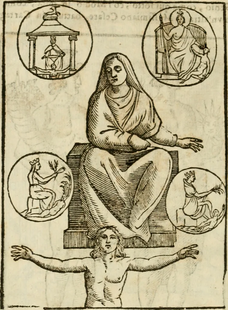 An illustration from Le vere e nove imagini de gli dei delli antichi di Vicenzo Cartari Reggiano. Ridotte da capo a piedi in questa nouissima impressione alle loro reali, & non piu per l'adietro osseruate simiglianze. Cauate da' marmi, bronzi, medaglie, gioie, & altre memorie antiche;, 1615, leaf 601