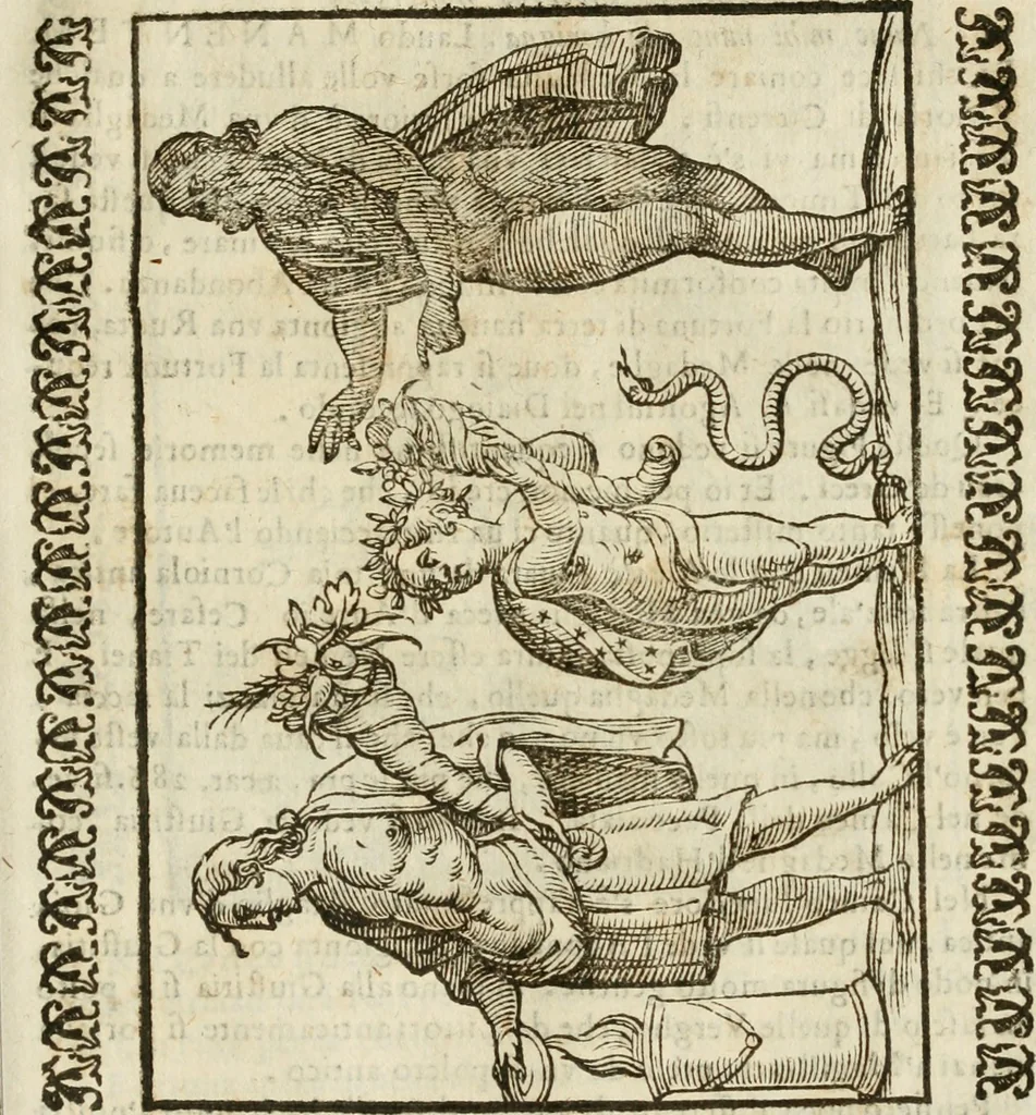 An illustration from Le vere e nove imagini de gli dei delli antichi di Vicenzo Cartari Reggiano. Ridotte da capo a piedi in questa nouissima impressione alle loro reali, & non piu per l'adietro osseruate simiglianze. Cauate da' marmi, bronzi, medaglie, gioie, & altre memorie antiche;, 1615, leaf 602