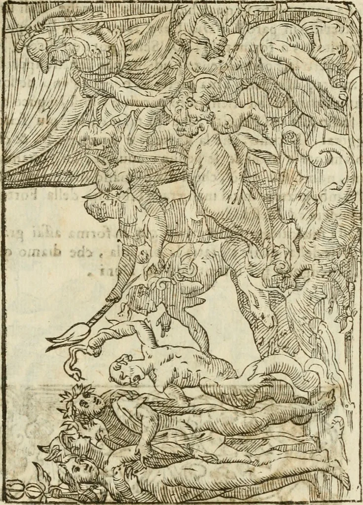 An illustration from Le vere e nove imagini de gli dei delli antichi di Vicenzo Cartari Reggiano. Ridotte da capo a piedi in questa nouissima impressione alle loro reali, & non piu per l'adietro osseruate simiglianze. Cauate da' marmi, bronzi, medaglie, gioie, & altre memorie antiche;, 1615, leaf 604