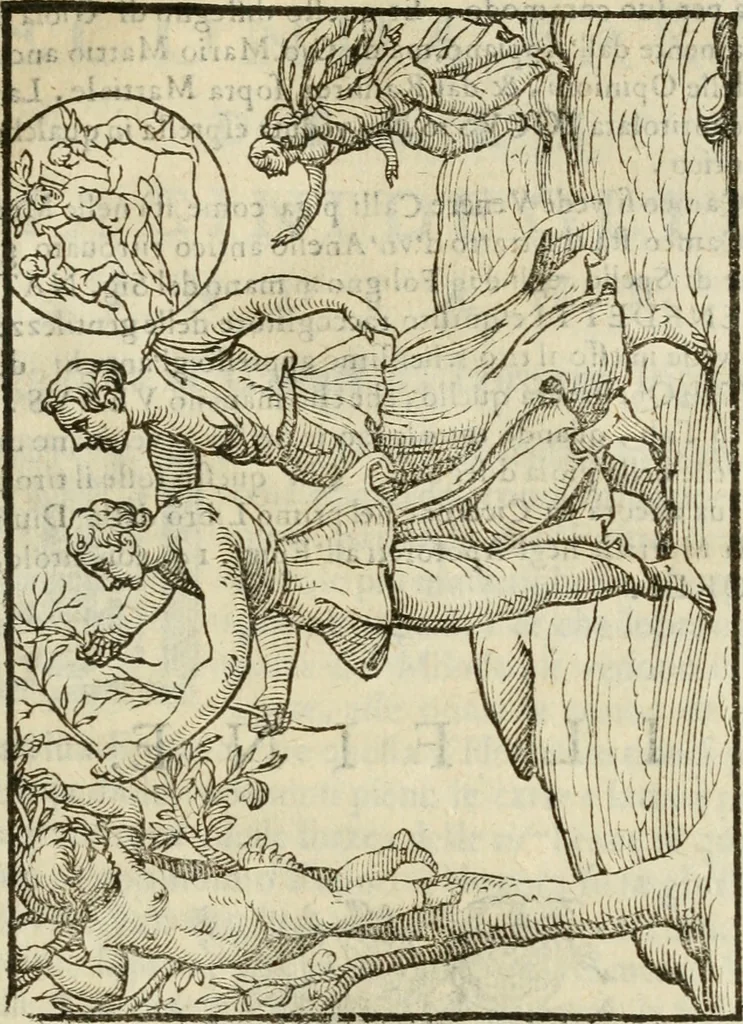 An illustration from Le vere e nove imagini de gli dei delli antichi di Vicenzo Cartari Reggiano. Ridotte da capo a piedi in questa nouissima impressione alle loro reali, & non piu per l'adietro osseruate simiglianze. Cauate da' marmi, bronzi, medaglie, gioie, & altre memorie antiche;, 1615, leaf 610