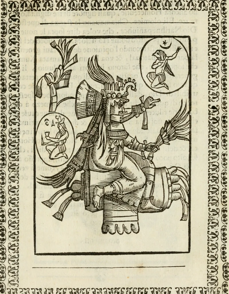 An illustration from Le vere e nove imagini de gli dei delli antichi di Vicenzo Cartari Reggiano. Ridotte da capo a piedi in questa nouissima impressione alle loro reali, & non piu per l'adietro osseruate simiglianze. Cauate da' marmi, bronzi, medaglie, gioie, & altre memorie antiche;, 1615, leaf 616