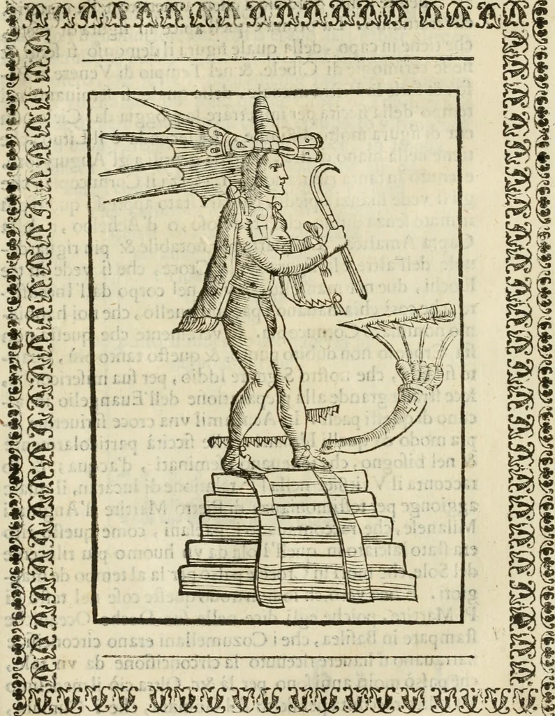 An illustration from Le vere e nove imagini de gli dei delli antichi di Vicenzo Cartari Reggiano. Ridotte da capo a piedi in questa nouissima impressione alle loro reali, & non piu per l'adietro osseruate simiglianze. Cauate da' marmi, bronzi, medaglie, gioie, & altre memorie antiche;, 1615, leaf 628