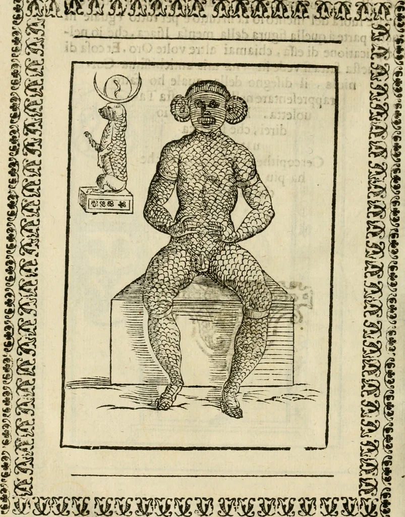 An illustration from Le vere e nove imagini de gli dei delli antichi di Vicenzo Cartari Reggiano. Ridotte da capo a piedi in questa nouissima impressione alle loro reali, & non piu per l'adietro osseruate simiglianze. Cauate da' marmi, bronzi, medaglie, gioie, & altre memorie antiche;, 1615, leaf 637
