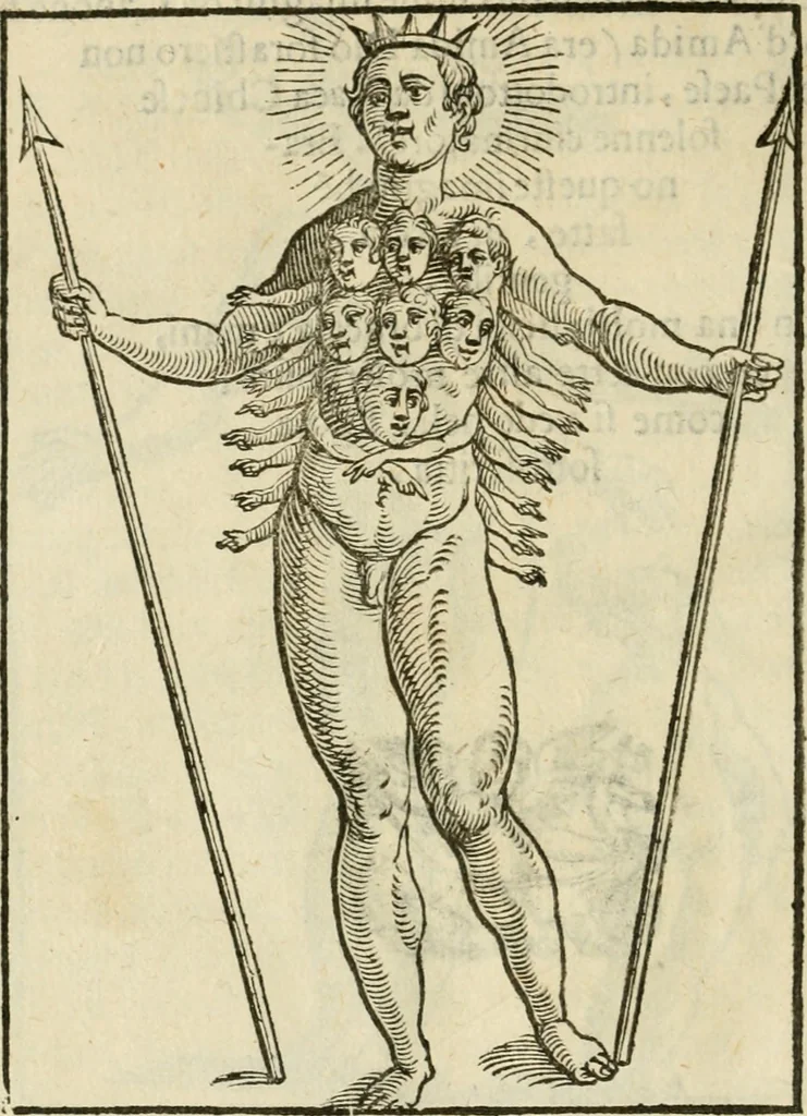 An illustration from Le vere e nove imagini de gli dei delli antichi di Vicenzo Cartari Reggiano. Ridotte da capo a piedi in questa nouissima impressione alle loro reali, & non piu per l'adietro osseruate simiglianze. Cauate da' marmi, bronzi, medaglie, gioie, & altre memorie antiche;, 1615, leaf 641