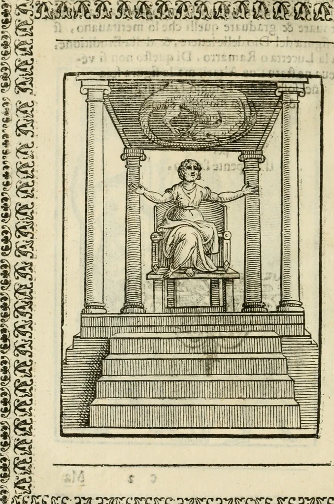 An illustration from Le vere e nove imagini de gli dei delli antichi di Vicenzo Cartari Reggiano. Ridotte da capo a piedi in questa nouissima impressione alle loro reali, & non piu per l'adietro osseruate simiglianze. Cauate da' marmi, bronzi, medaglie, gioie, & altre memorie antiche;, 1615, leaf 647
